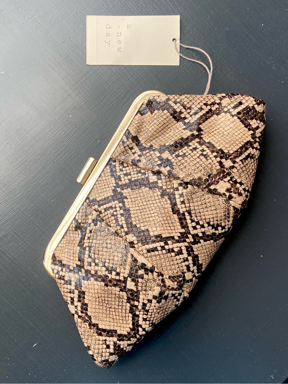 NWT a new day Tan and Black Snake-Print Frame Clutch